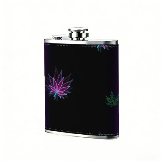 Purple neon frame with fireworks and leaves 8oz Portable Stainless Steel Hip Flask - Juice Flask - Perfect Gift - Unique Whiskey Flask for Women, Wine Pot Metal - Ideal stainless steel flask for all outdoor activities