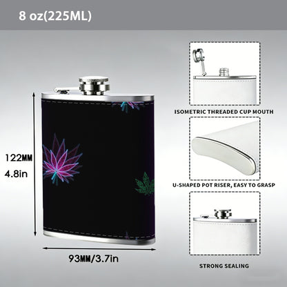Purple neon frame with fireworks and leaves 8oz Portable Stainless Steel Hip Flask - Juice Flask - Perfect Gift - Unique Whiskey Flask for Women, Wine Pot Metal - Ideal stainless steel flask for all outdoor activities