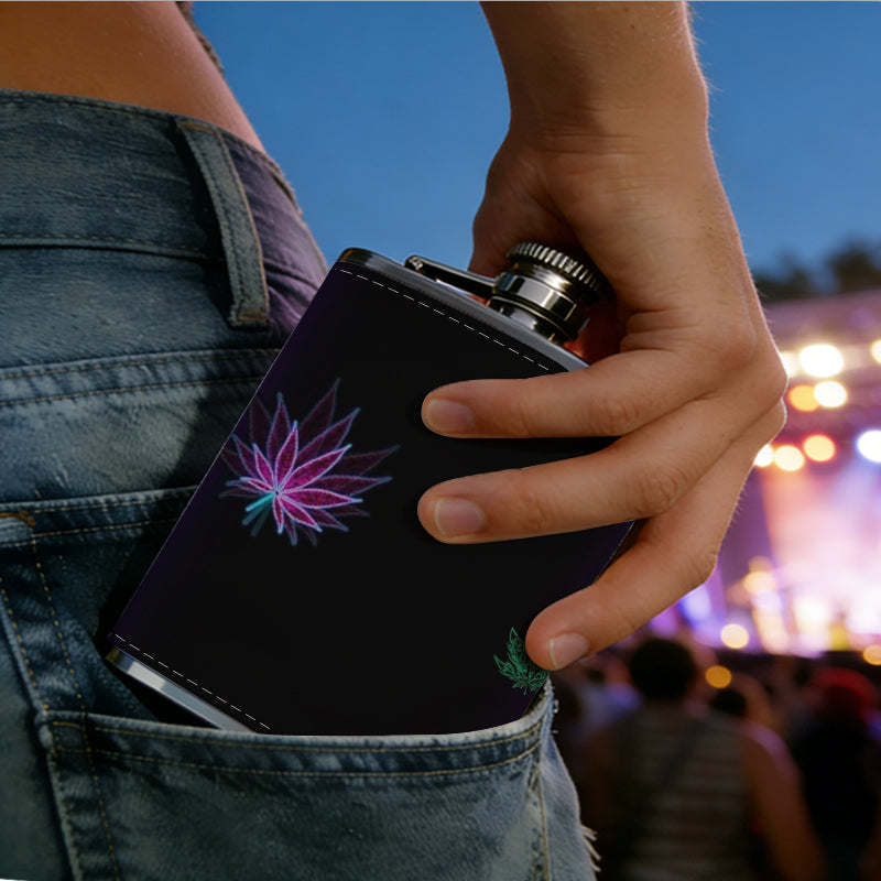 Purple neon frame with fireworks and leaves 8oz Portable Stainless Steel Hip Flask - Juice Flask - Perfect Gift - Unique Whiskey Flask for Women, Wine Pot Metal - Ideal stainless steel flask for all outdoor activities