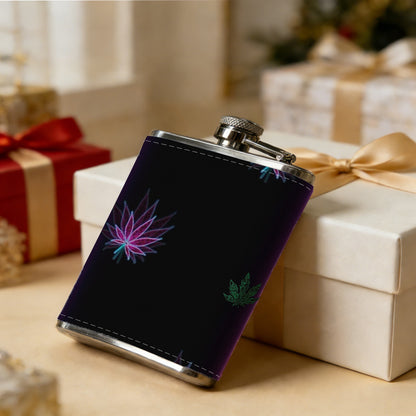 Purple neon frame with fireworks and leaves 8oz Portable Stainless Steel Hip Flask - Juice Flask - Perfect Gift - Unique Whiskey Flask for Women, Wine Pot Metal - Ideal stainless steel flask for all outdoor activities