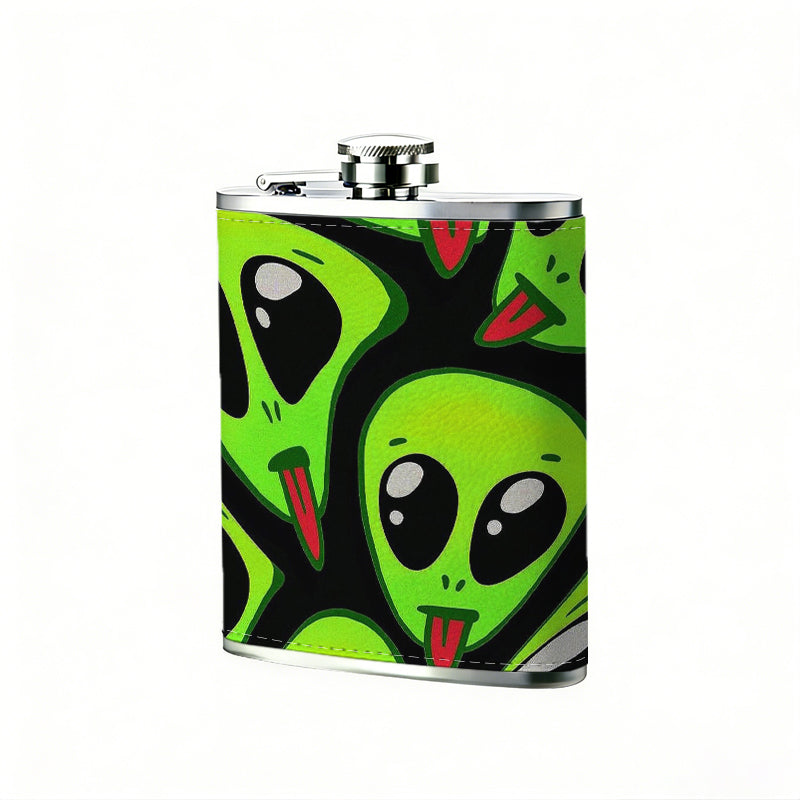 Cartoon green alien heads 8oz Portable Stainless Steel Hip Flask - Juice Flask - Perfect Gift - Unique Whiskey Flask for Women, Wine Pot Metal - Ideal stainless steel flask for all outdoor activities