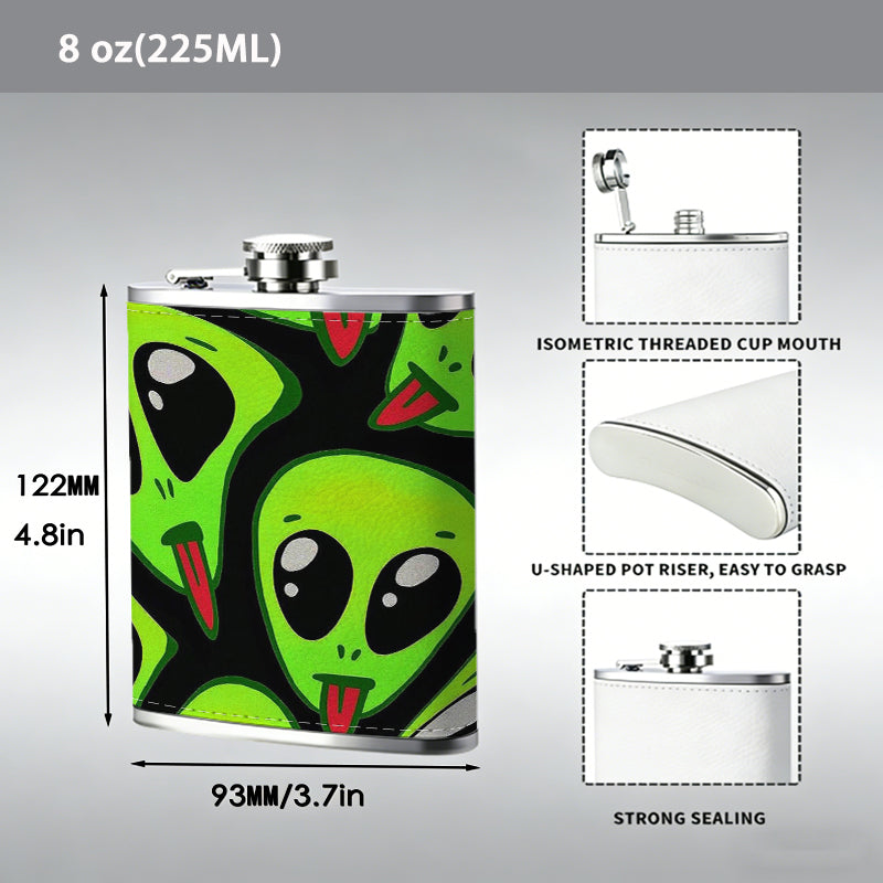 Cartoon green alien heads 8oz Portable Stainless Steel Hip Flask - Juice Flask - Perfect Gift - Unique Whiskey Flask for Women, Wine Pot Metal - Ideal stainless steel flask for all outdoor activities