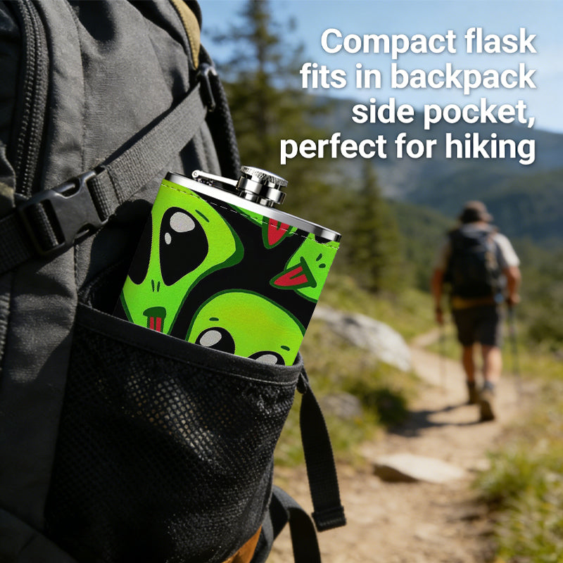 Cartoon green alien heads 8oz Portable Stainless Steel Hip Flask - Juice Flask - Perfect Gift - Unique Whiskey Flask for Women, Wine Pot Metal - Ideal stainless steel flask for all outdoor activities