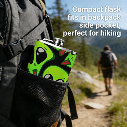 Cartoon green alien heads 8oz Portable Stainless Steel Hip Flask - Juice Flask - Perfect Gift - Unique Whiskey Flask for Women, Wine Pot Metal - Ideal stainless steel flask for all outdoor activities