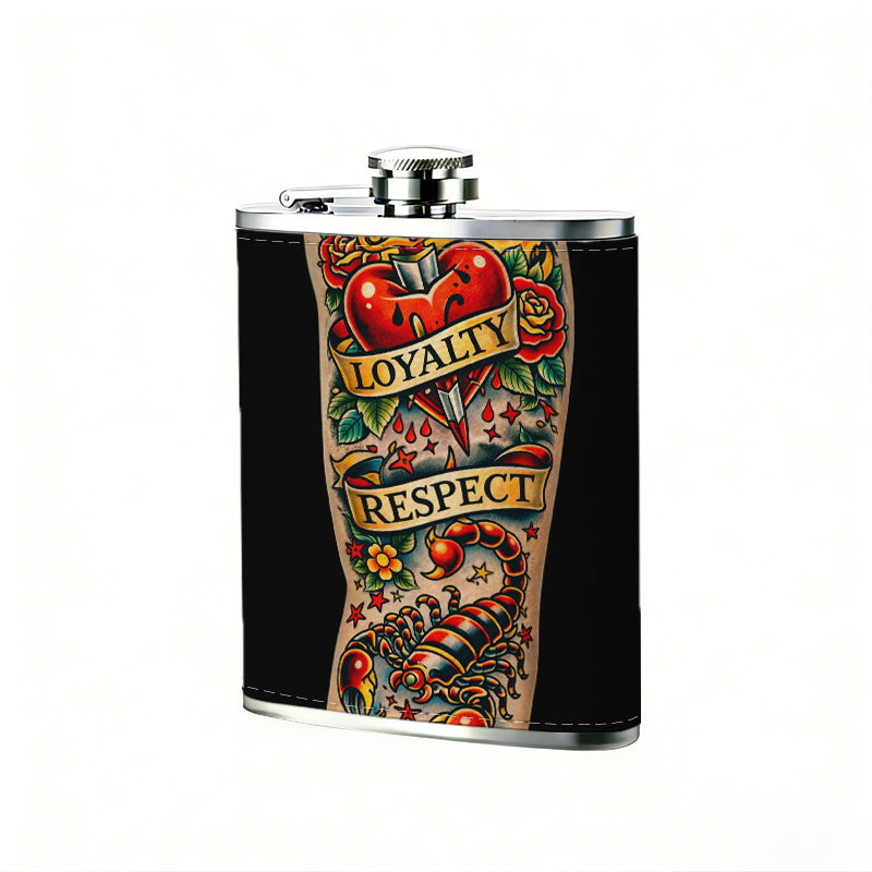 Colorful detailed arm tattoo with lettering 8oz Portable Stainless Steel Hip Flask - Juice Flask - Perfect Gift - Unique Whiskey Flask for Women, Wine Pot Metal - Ideal stainless steel flask for all outdoor activities