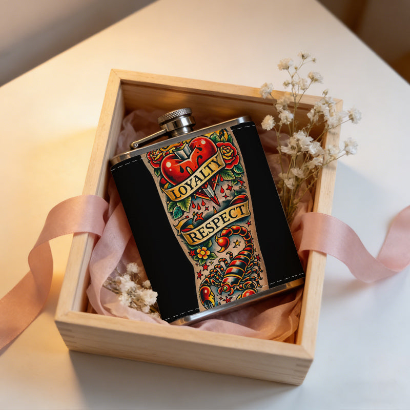 Colorful detailed arm tattoo with lettering 8oz Portable Stainless Steel Hip Flask - Juice Flask - Perfect Gift - Unique Whiskey Flask for Women, Wine Pot Metal - Ideal stainless steel flask for all outdoor activities