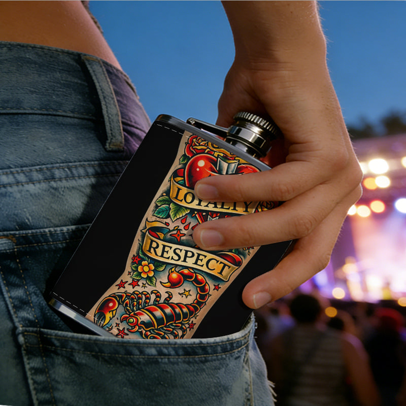 Colorful detailed arm tattoo with lettering 8oz Portable Stainless Steel Hip Flask - Juice Flask - Perfect Gift - Unique Whiskey Flask for Women, Wine Pot Metal - Ideal stainless steel flask for all outdoor activities