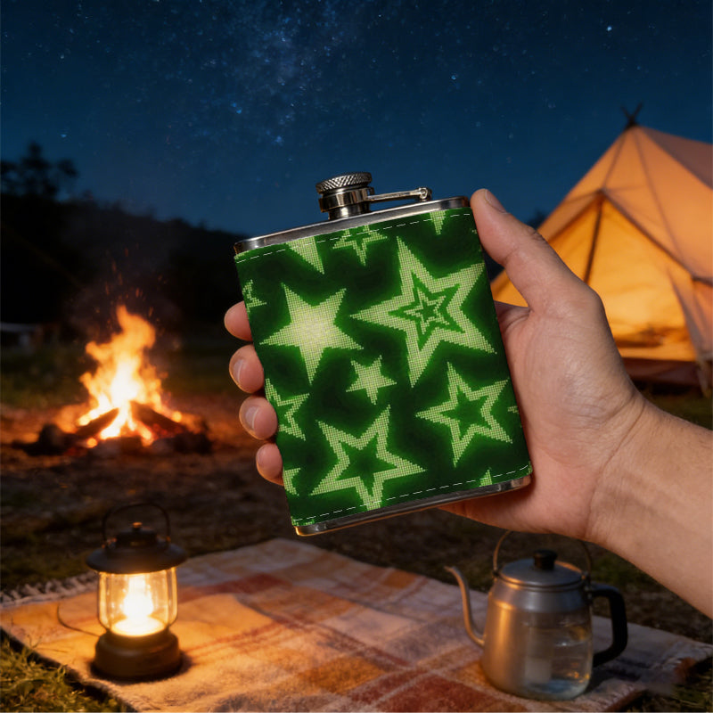 Green star pattern background 8oz Portable Stainless Steel Hip Flask - Juice Flask - Perfect Gift - Unique Whiskey Flask for Women, Wine Pot Metal - Ideal stainless steel flask for all outdoor activities