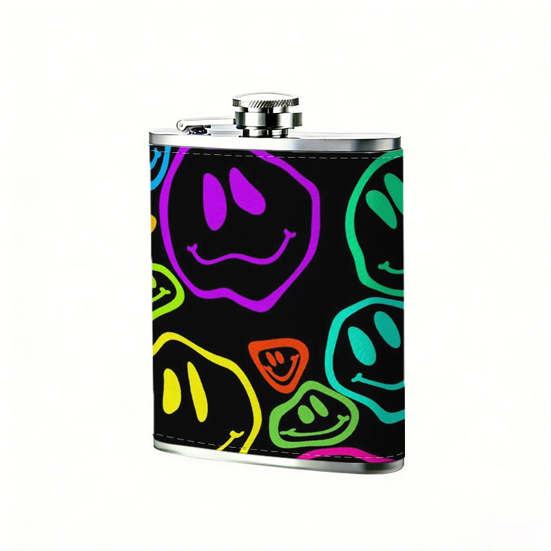 Colorful neon smiley faces 8oz Portable Stainless Steel Hip Flask - Juice Flask - Perfect Gift - Unique Whiskey Flask for Women, Wine Pot Metal - Ideal stainless steel flask for all outdoor activities