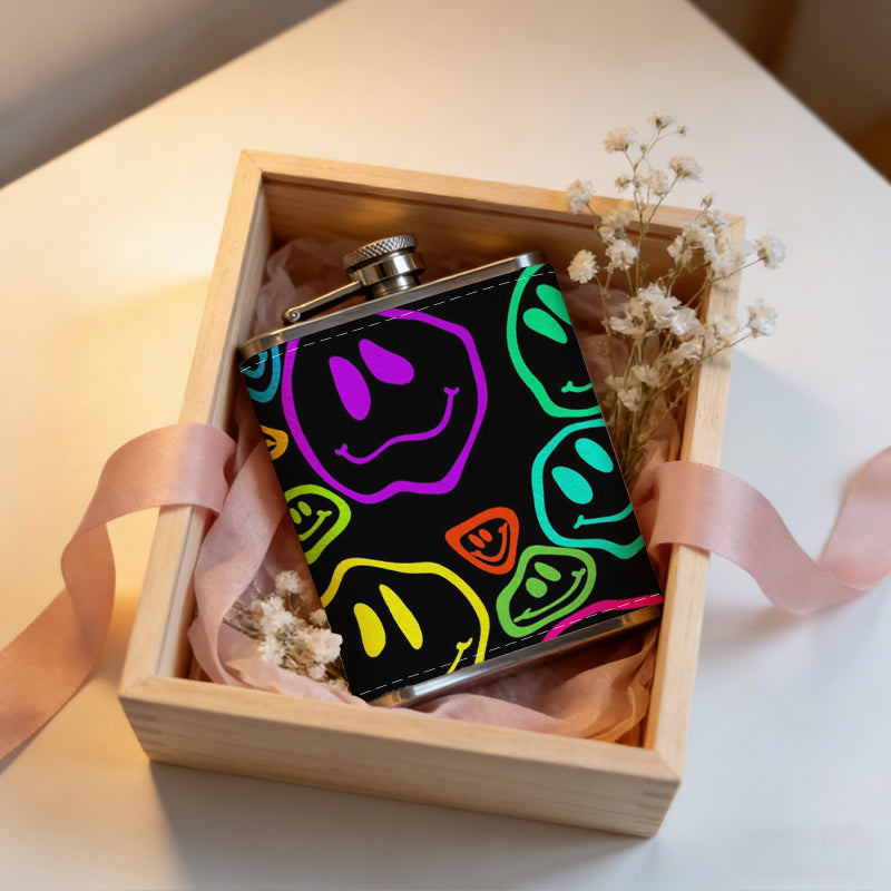 Colorful neon smiley faces 8oz Portable Stainless Steel Hip Flask - Juice Flask - Perfect Gift - Unique Whiskey Flask for Women, Wine Pot Metal - Ideal stainless steel flask for all outdoor activities
