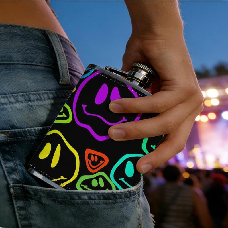 Colorful neon smiley faces 8oz Portable Stainless Steel Hip Flask - Juice Flask - Perfect Gift - Unique Whiskey Flask for Women, Wine Pot Metal - Ideal stainless steel flask for all outdoor activities