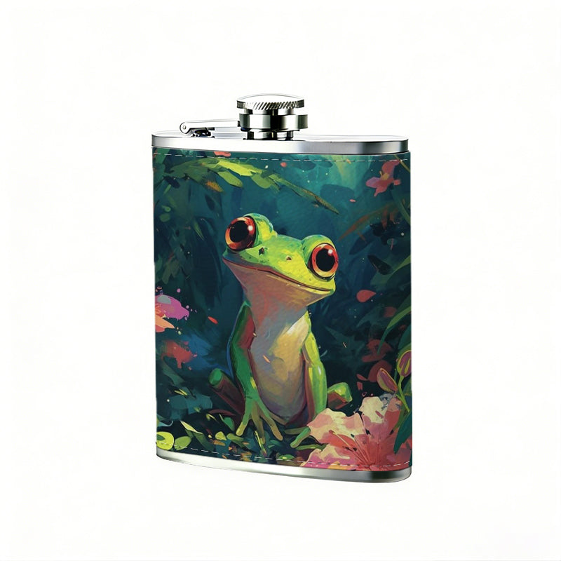Green frog among flowers and leaves 8oz Portable Stainless Steel Hip Flask - Juice Flask - Perfect Gift - Unique Whiskey Flask for Women, Wine Pot Metal - Ideal stainless steel flask for all outdoor activities