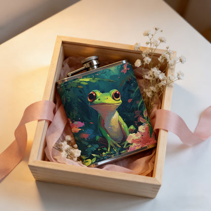 Green frog among flowers and leaves 8oz Portable Stainless Steel Hip Flask - Juice Flask - Perfect Gift - Unique Whiskey Flask for Women, Wine Pot Metal - Ideal stainless steel flask for all outdoor activities
