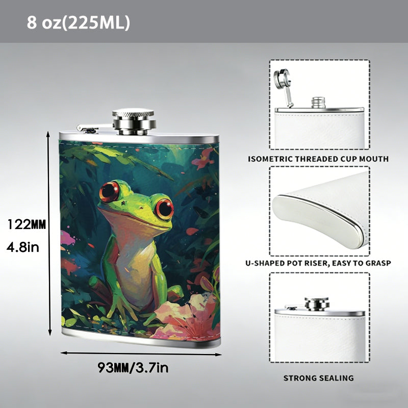 Green frog among flowers and leaves 8oz Portable Stainless Steel Hip Flask - Juice Flask - Perfect Gift - Unique Whiskey Flask for Women, Wine Pot Metal - Ideal stainless steel flask for all outdoor activities