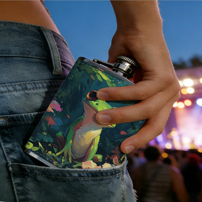 Green frog among flowers and leaves 8oz Portable Stainless Steel Hip Flask - Juice Flask - Perfect Gift - Unique Whiskey Flask for Women, Wine Pot Metal - Ideal stainless steel flask for all outdoor activities
