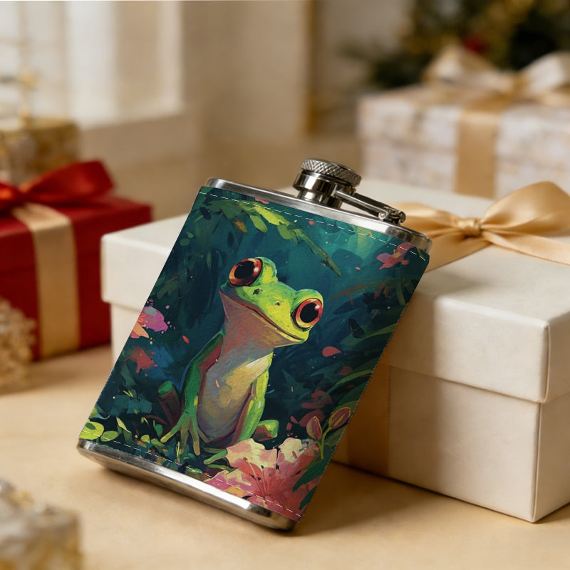 Green frog among flowers and leaves 8oz Portable Stainless Steel Hip Flask - Juice Flask - Perfect Gift - Unique Whiskey Flask for Women, Wine Pot Metal - Ideal stainless steel flask for all outdoor activities