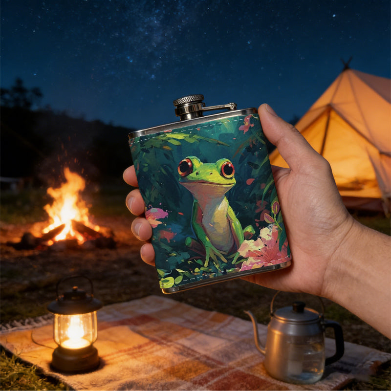 Green frog among flowers and leaves 8oz Portable Stainless Steel Hip Flask - Juice Flask - Perfect Gift - Unique Whiskey Flask for Women, Wine Pot Metal - Ideal stainless steel flask for all outdoor activities