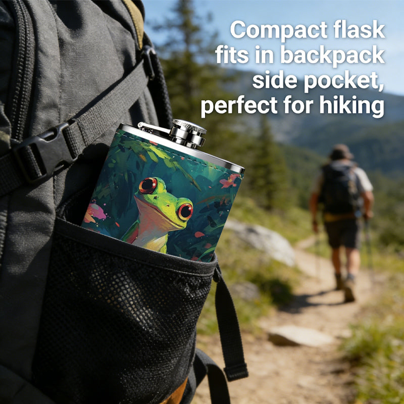 Green frog among flowers and leaves 8oz Portable Stainless Steel Hip Flask - Juice Flask - Perfect Gift - Unique Whiskey Flask for Women, Wine Pot Metal - Ideal stainless steel flask for all outdoor activities