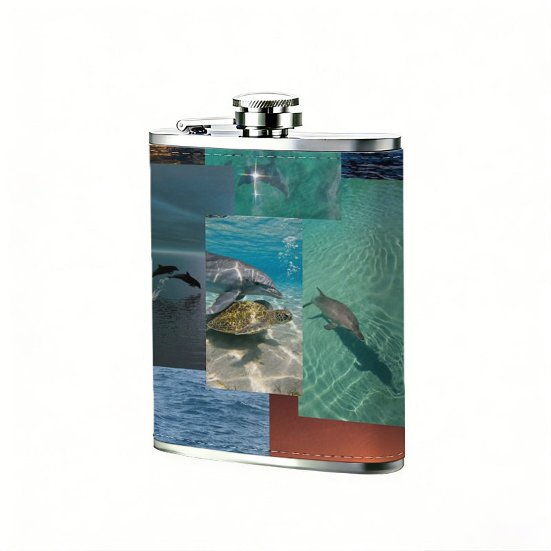 Dolphins swimming in the sea at sunset 8oz Portable Stainless Steel Hip Flask - Juice Flask - Perfect Gift - Unique Whiskey Flask for Women, Wine Pot Metal - Ideal stainless steel flask for all outdoor activities