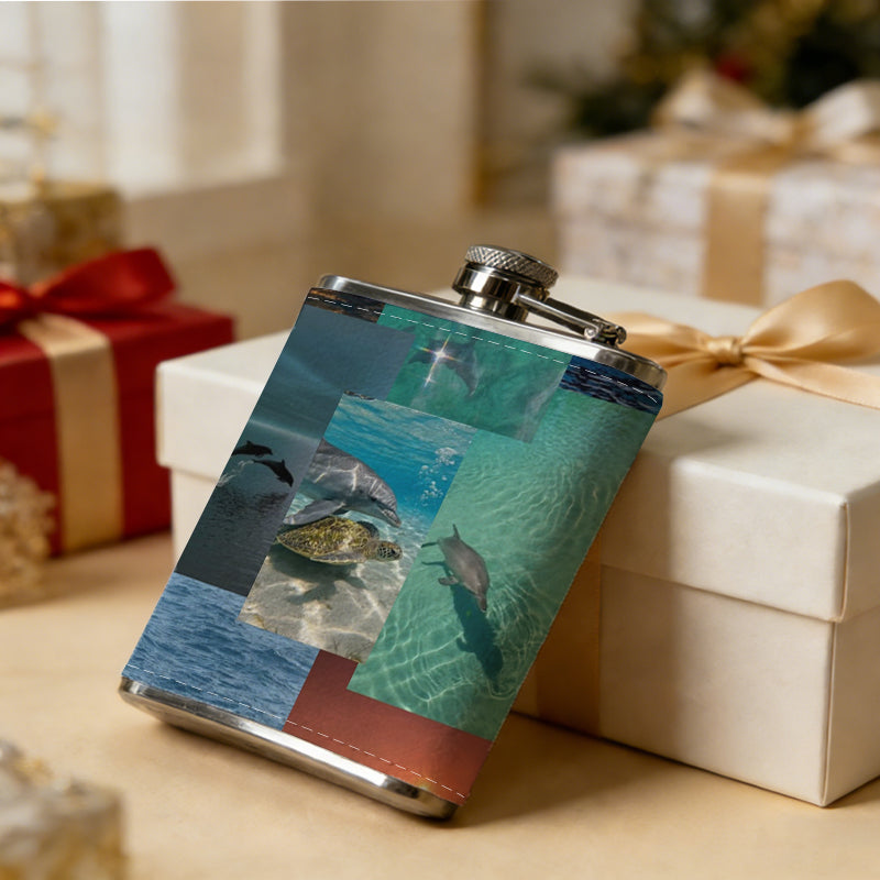 Dolphins swimming in the sea at sunset 8oz Portable Stainless Steel Hip Flask - Juice Flask - Perfect Gift - Unique Whiskey Flask for Women, Wine Pot Metal - Ideal stainless steel flask for all outdoor activities