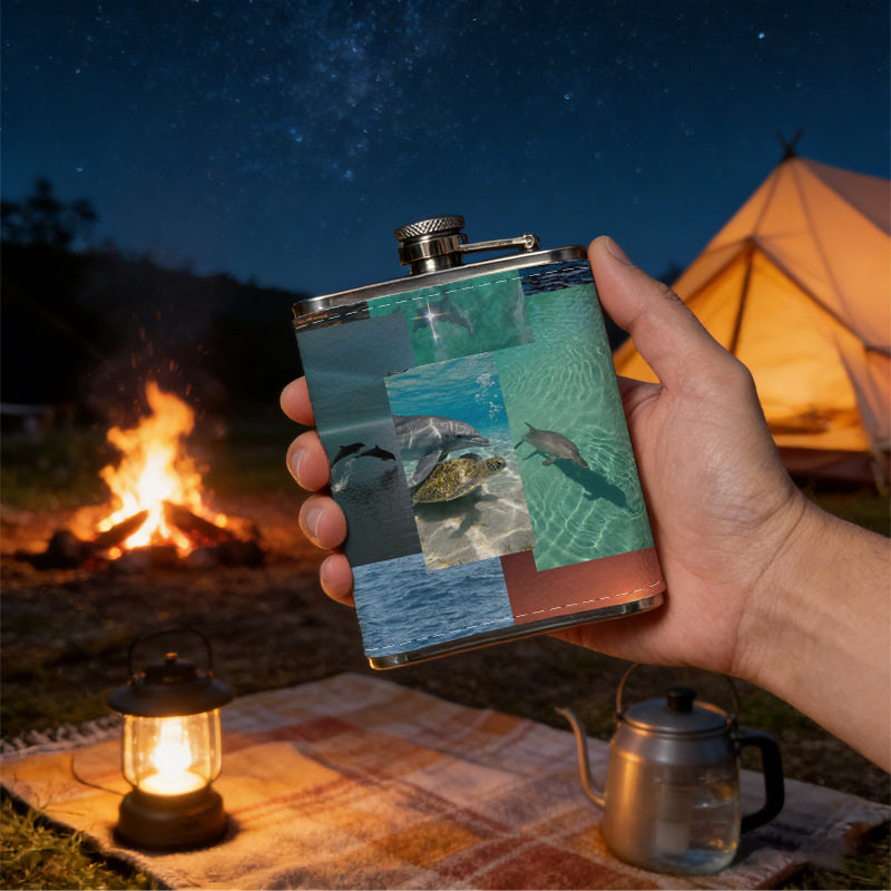 Dolphins swimming in the sea at sunset 8oz Portable Stainless Steel Hip Flask - Juice Flask - Perfect Gift - Unique Whiskey Flask for Women, Wine Pot Metal - Ideal stainless steel flask for all outdoor activities