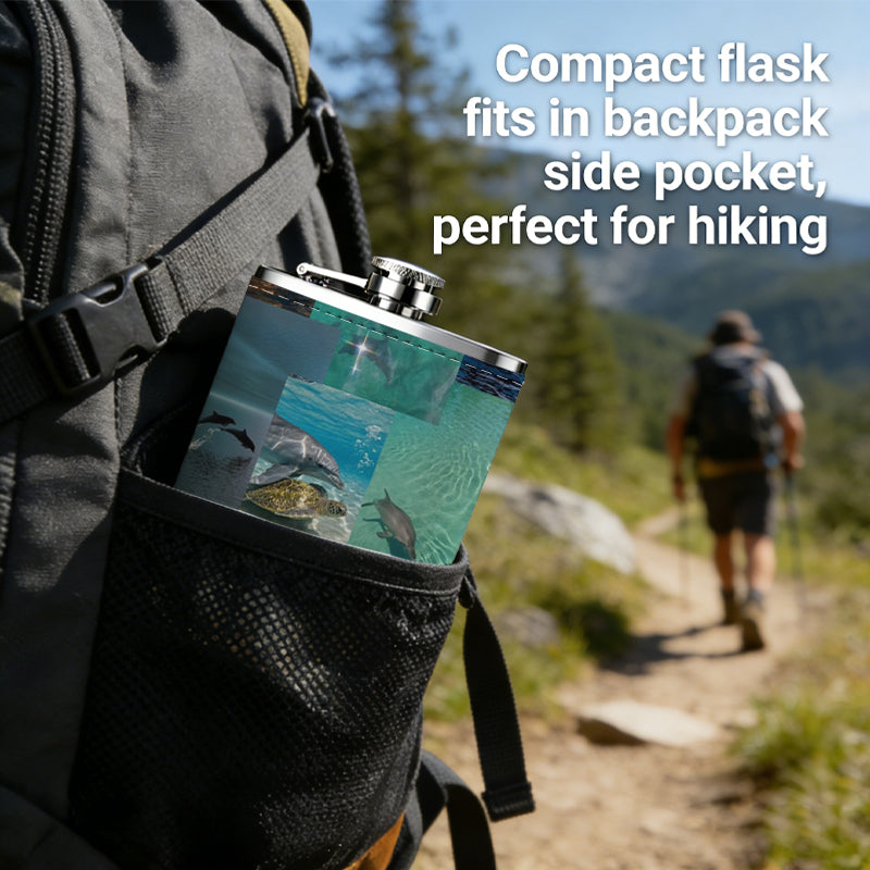 Dolphins swimming in the sea at sunset 8oz Portable Stainless Steel Hip Flask - Juice Flask - Perfect Gift - Unique Whiskey Flask for Women, Wine Pot Metal - Ideal stainless steel flask for all outdoor activities