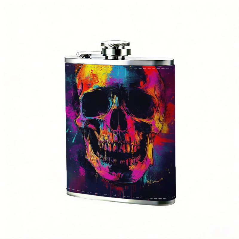 Colorful glitch skull 8oz Portable Stainless Steel Hip Flask - Juice Flask - Perfect Gift - Unique Whiskey Flask for Women, Wine Pot Metal - Ideal stainless steel flask for all outdoor activities