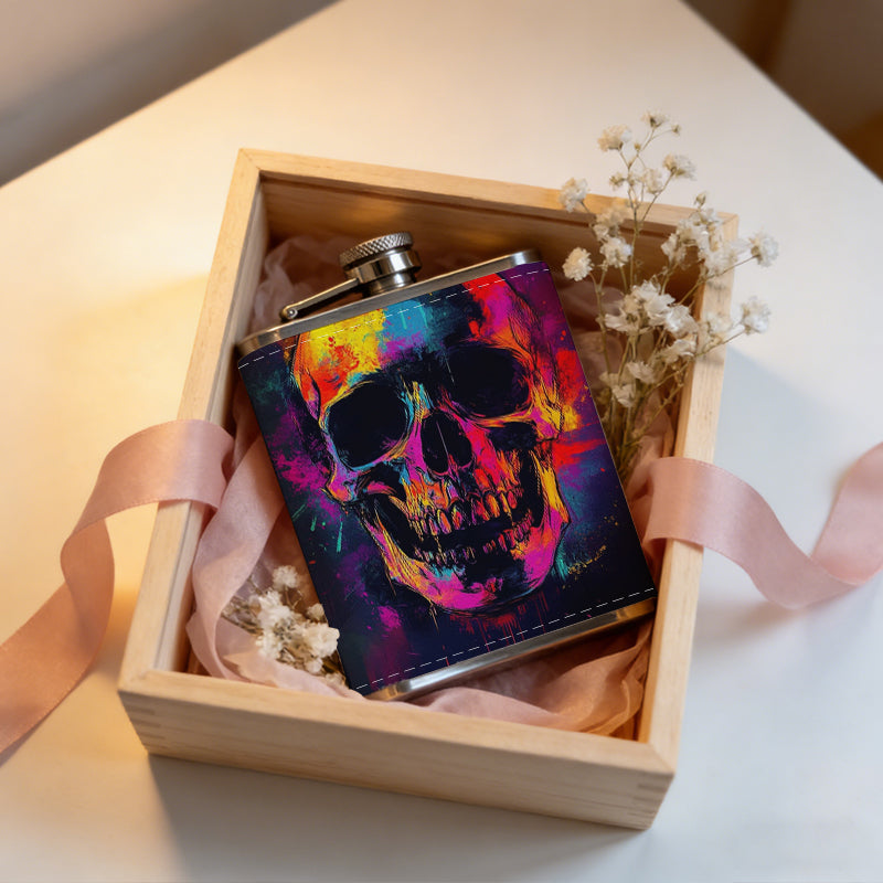 Colorful glitch skull 8oz Portable Stainless Steel Hip Flask - Juice Flask - Perfect Gift - Unique Whiskey Flask for Women, Wine Pot Metal - Ideal stainless steel flask for all outdoor activities