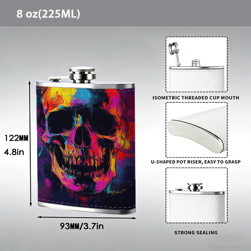 Colorful glitch skull 8oz Portable Stainless Steel Hip Flask - Juice Flask - Perfect Gift - Unique Whiskey Flask for Women, Wine Pot Metal - Ideal stainless steel flask for all outdoor activities