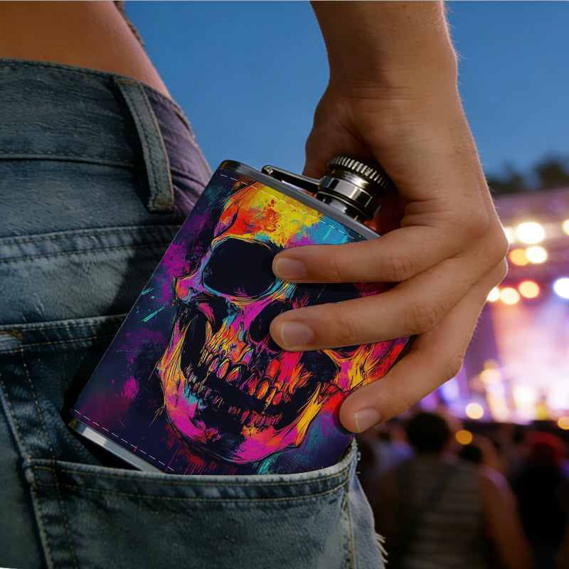 Colorful glitch skull 8oz Portable Stainless Steel Hip Flask - Juice Flask - Perfect Gift - Unique Whiskey Flask for Women, Wine Pot Metal - Ideal stainless steel flask for all outdoor activities