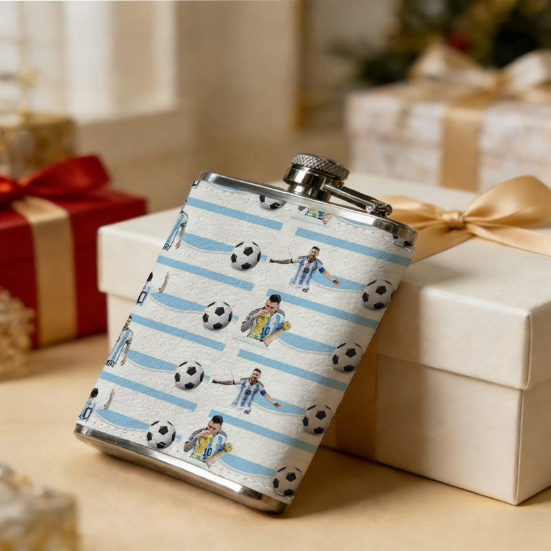 Grid of toy figurines and soccer balls 8oz Portable Stainless Steel Hip Flask - Juice Flask - Perfect Gift - Unique Whiskey Flask for Women, Wine Pot Metal - Ideal stainless steel flask for all outdoor activities