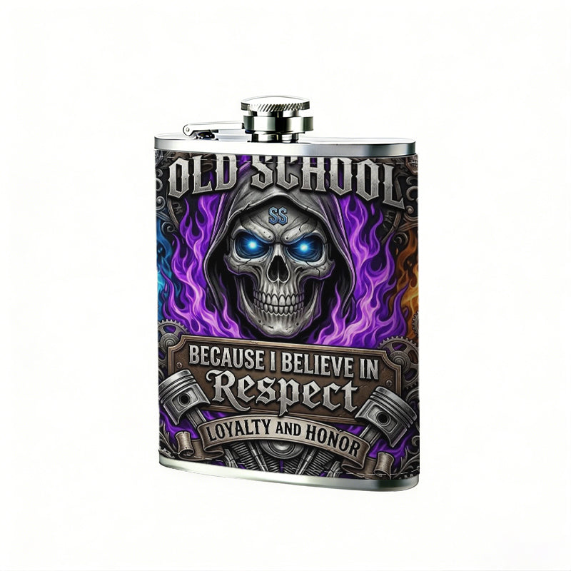 Hooded glowing skull with purple flames 8oz Portable Stainless Steel Hip Flask - Juice Flask - Perfect Gift - Unique Whiskey Flask for Women, Wine Pot Metal - Ideal stainless steel flask for all outdoor activities