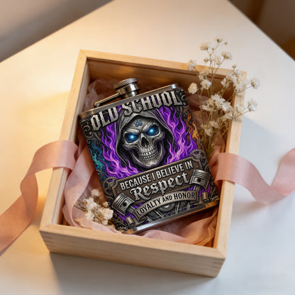 Hooded glowing skull with purple flames 8oz Portable Stainless Steel Hip Flask - Juice Flask - Perfect Gift - Unique Whiskey Flask for Women, Wine Pot Metal - Ideal stainless steel flask for all outdoor activities