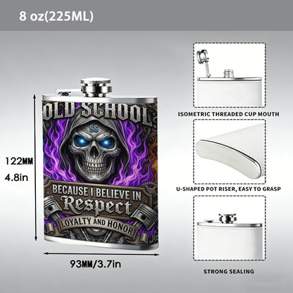 Hooded glowing skull with purple flames 8oz Portable Stainless Steel Hip Flask - Juice Flask - Perfect Gift - Unique Whiskey Flask for Women, Wine Pot Metal - Ideal stainless steel flask for all outdoor activities