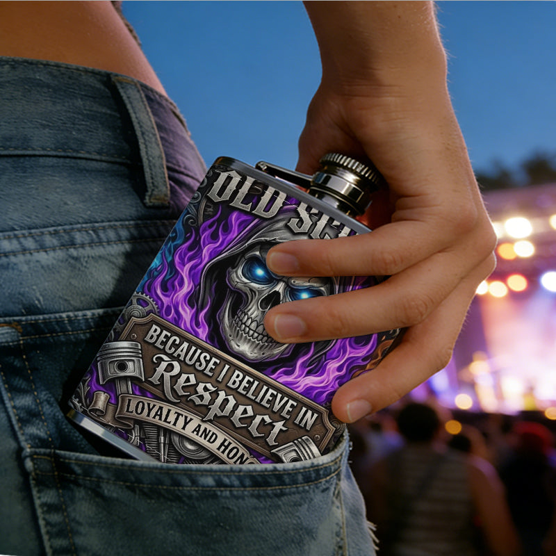Hooded glowing skull with purple flames 8oz Portable Stainless Steel Hip Flask - Juice Flask - Perfect Gift - Unique Whiskey Flask for Women, Wine Pot Metal - Ideal stainless steel flask for all outdoor activities