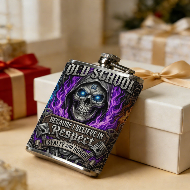 Hooded glowing skull with purple flames 8oz Portable Stainless Steel Hip Flask - Juice Flask - Perfect Gift - Unique Whiskey Flask for Women, Wine Pot Metal - Ideal stainless steel flask for all outdoor activities
