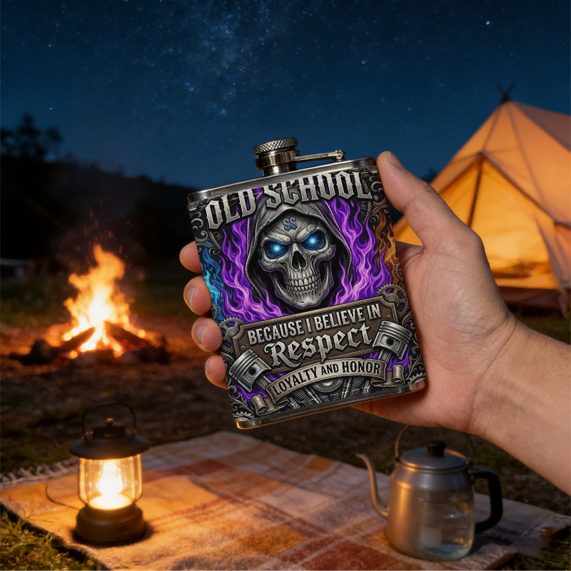 Hooded glowing skull with purple flames 8oz Portable Stainless Steel Hip Flask - Juice Flask - Perfect Gift - Unique Whiskey Flask for Women, Wine Pot Metal - Ideal stainless steel flask for all outdoor activities