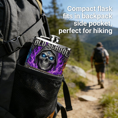 Hooded glowing skull with purple flames 8oz Portable Stainless Steel Hip Flask - Juice Flask - Perfect Gift - Unique Whiskey Flask for Women, Wine Pot Metal - Ideal stainless steel flask for all outdoor activities