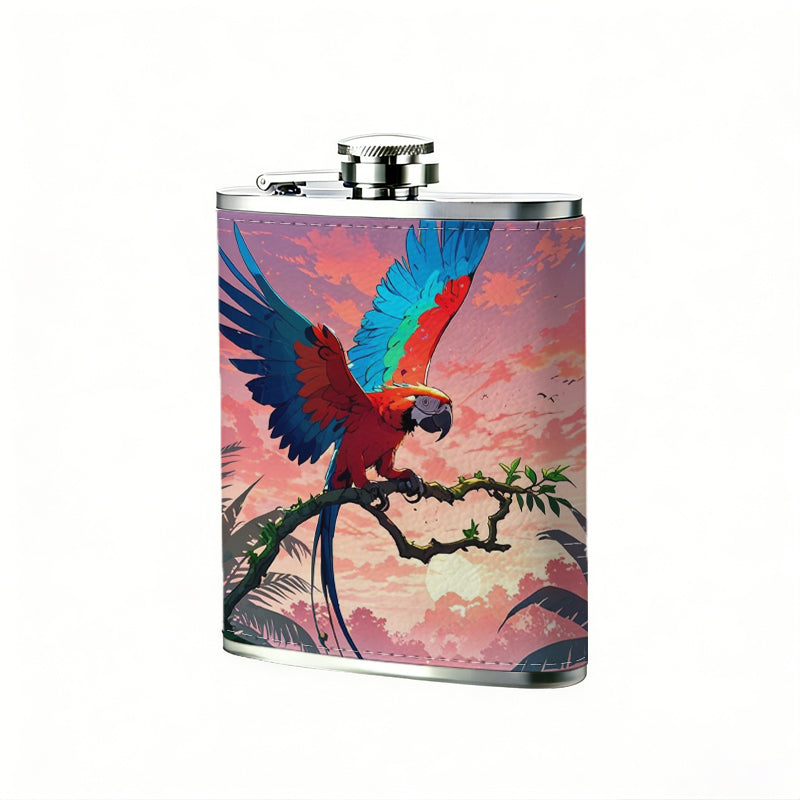Colorful parrot in tropical sunset scenery 8oz Portable Stainless Steel Hip Flask - Juice Flask - Perfect Gift - Unique Whiskey Flask for Women, Wine Pot Metal - Ideal stainless steel flask for all outdoor activities