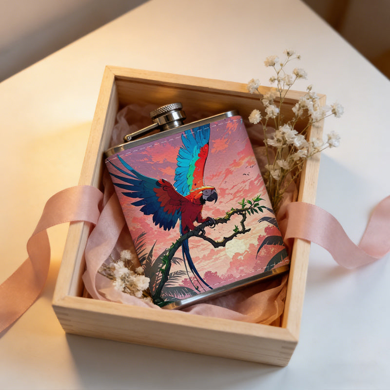 Colorful parrot in tropical sunset scenery 8oz Portable Stainless Steel Hip Flask - Juice Flask - Perfect Gift - Unique Whiskey Flask for Women, Wine Pot Metal - Ideal stainless steel flask for all outdoor activities
