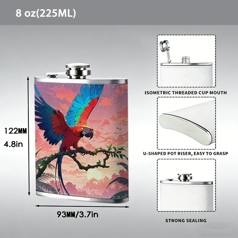 Colorful parrot in tropical sunset scenery 8oz Portable Stainless Steel Hip Flask - Juice Flask - Perfect Gift - Unique Whiskey Flask for Women, Wine Pot Metal - Ideal stainless steel flask for all outdoor activities