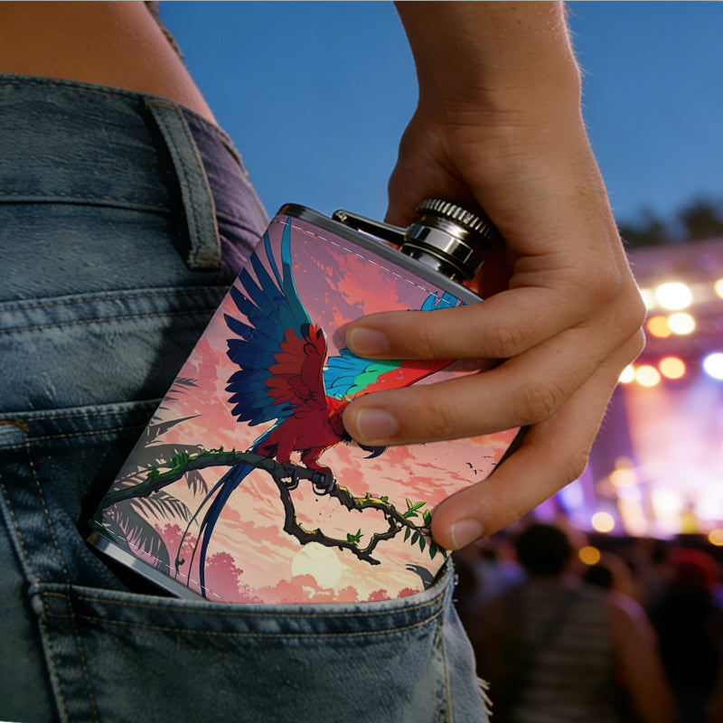 Colorful parrot in tropical sunset scenery 8oz Portable Stainless Steel Hip Flask - Juice Flask - Perfect Gift - Unique Whiskey Flask for Women, Wine Pot Metal - Ideal stainless steel flask for all outdoor activities