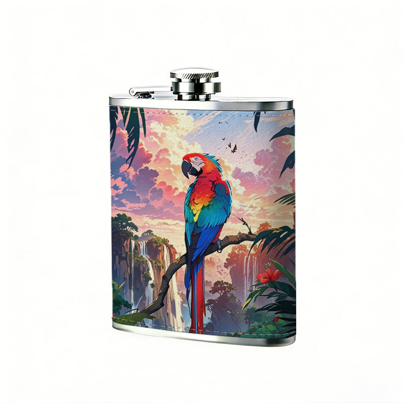 Scarlet macaw in tropical sunset scene 8oz Portable Stainless Steel Hip Flask - Juice Flask - Perfect Gift - Unique Whiskey Flask for Women, Wine Pot Metal - Ideal stainless steel flask for all outdoor activities