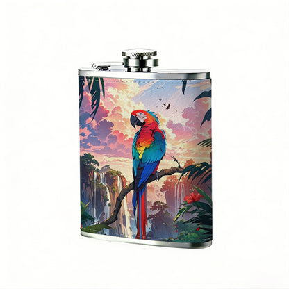 Scarlet macaw in tropical sunset scene 8oz Portable Stainless Steel Hip Flask - Juice Flask - Perfect Gift - Unique Whiskey Flask for Women, Wine Pot Metal - Ideal stainless steel flask for all outdoor activities
