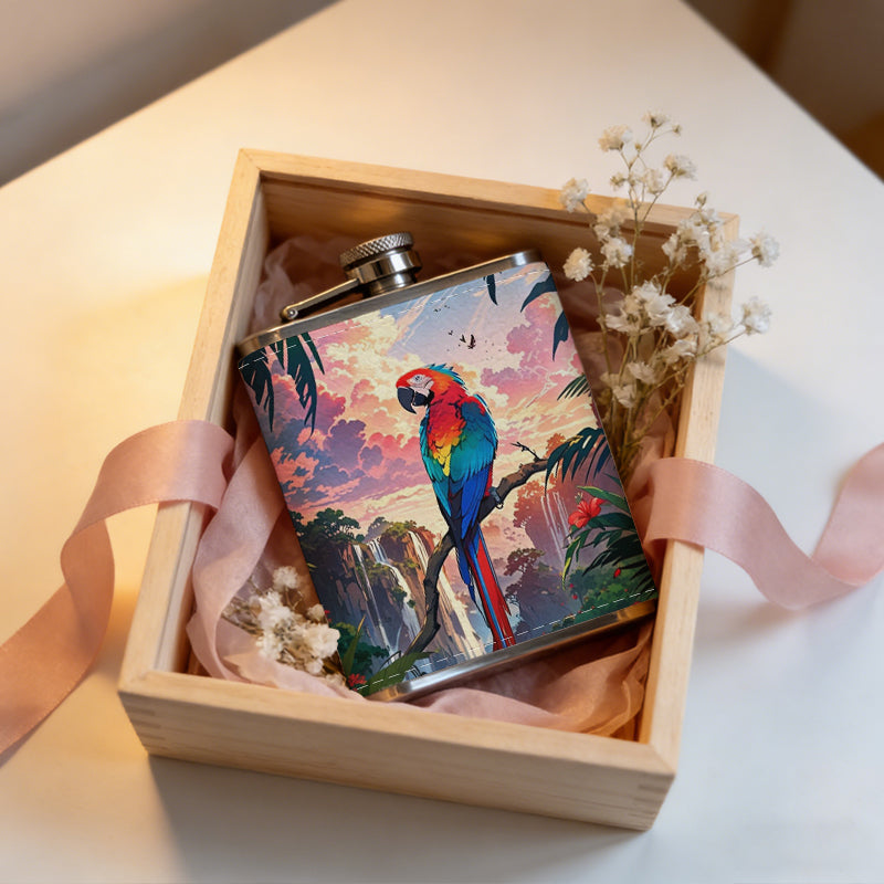 Scarlet macaw in tropical sunset scene 8oz Portable Stainless Steel Hip Flask - Juice Flask - Perfect Gift - Unique Whiskey Flask for Women, Wine Pot Metal - Ideal stainless steel flask for all outdoor activities