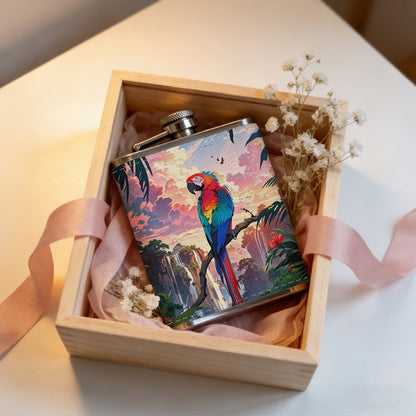 Scarlet macaw in tropical sunset scene 8oz Portable Stainless Steel Hip Flask - Juice Flask - Perfect Gift - Unique Whiskey Flask for Women, Wine Pot Metal - Ideal stainless steel flask for all outdoor activities