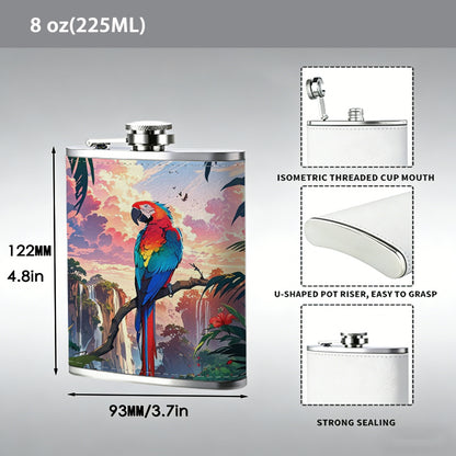 Scarlet macaw in tropical sunset scene 8oz Portable Stainless Steel Hip Flask - Juice Flask - Perfect Gift - Unique Whiskey Flask for Women, Wine Pot Metal - Ideal stainless steel flask for all outdoor activities