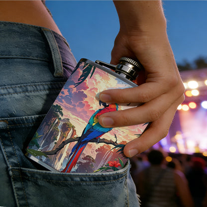 Scarlet macaw in tropical sunset scene 8oz Portable Stainless Steel Hip Flask - Juice Flask - Perfect Gift - Unique Whiskey Flask for Women, Wine Pot Metal - Ideal stainless steel flask for all outdoor activities