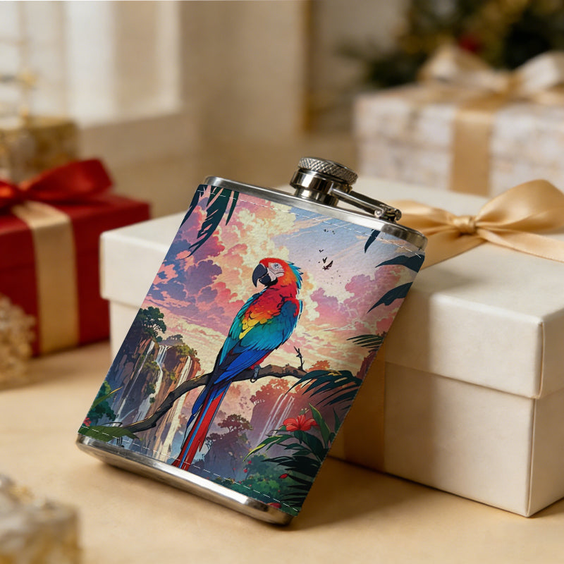 Scarlet macaw in tropical sunset scene 8oz Portable Stainless Steel Hip Flask - Juice Flask - Perfect Gift - Unique Whiskey Flask for Women, Wine Pot Metal - Ideal stainless steel flask for all outdoor activities