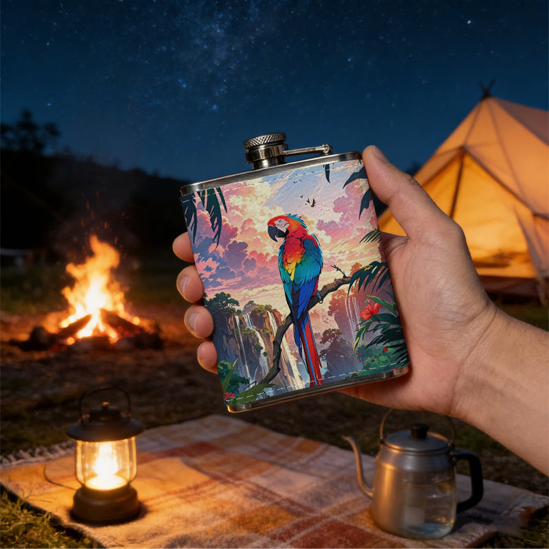 Scarlet macaw in tropical sunset scene 8oz Portable Stainless Steel Hip Flask - Juice Flask - Perfect Gift - Unique Whiskey Flask for Women, Wine Pot Metal - Ideal stainless steel flask for all outdoor activities
